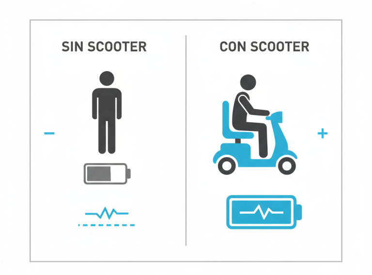 La imagen muestra la diferencia den energía entre no usar y usar un carrito eléctrico de movilidad reducida