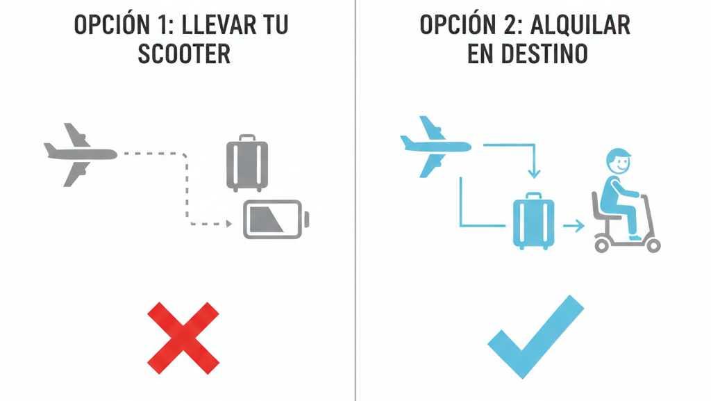 La imagen muestra la diferencia entre un viajero que trae su carrito de movilidad reducida y uno que alquila un carrito eléctrico para discapacitados