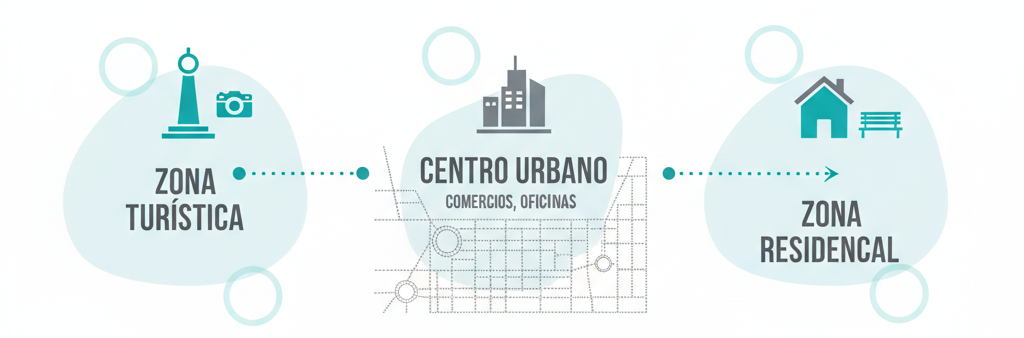 La imagen muestra los distintos lugares donde habitualmente pueden usarse los carritos eléctricos para discapacitados, zona turística, centro urbano y zonas residenciales.